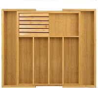 MantraRaj Bamboo Cutlery Drawer Organiser With Knife Block | Expandable Cutlery Tray for Kitchen Drawers 5-7 Large Compartments Utensil Holder Storage for Spoons Forks Knives (Natural Bamboo)