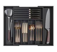 MantraRaj Bamboo Cutlery Drawer Organiser With Knife Block | Expandable Cutlery Tray for Kitchen Drawers 5-7 Large Compartments Utensil Holder Storage for Spoons Forks Knives (Black)