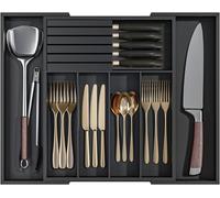 MantraRaj Bamboo Cutlery Drawer Organiser With Knife Block | Expandable Cutlery Tray for Kitchen Drawers 5-7 Large Compartments Utensil Holder Storage for Spoons Forks Knives (Black)