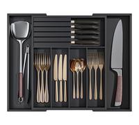 MantraRaj Bamboo Cutlery Drawer Organiser With Knife Block | Expandable Cutlery Tray for Kitchen Drawers 5-7 Large Compartments Utensil Holder Storage for Spoons Forks Knives (Black)