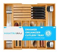 Mantraraj Bamboo Cutlery Tray Organiser For Drawer 7 Compartment Organiser Extendable Wooden Utensils Holder