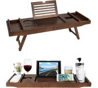 Mantraraj Bamboo Extendable Bath Tub Caddy Tray With Foldable Legs & Wine Tablet Holder