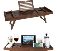MANTRARAJ Bamboo Extendable Bath Tub Caddy with Folding Leg & Wine Tablet Holder in Dark Brown MANTRARAJ Dark Brown