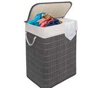 MantraRaj Bamboo Laundry Basket 105L 2 Divider Laundry Hamper with Lid Foldable Laundry Bin with 2 Compartments for Light and Dark Clothes Removable & Washable Liner Bag For Bedroom & Bathroom (Grey)