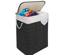 MantraRaj Bamboo Laundry Basket 105L 2 Divider Laundry Hamper with Lid Foldable Laundry Bin with 2 Compartments for Light and Dark Clothes Removable & Washable Liner Bag For Bedroom & Bathroom (Black)