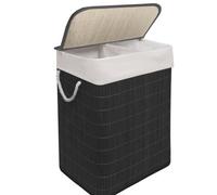 Mantraraj Bamboo Laundry Hamper 105L Dual Compartment Basket Removable Liner Foldable Storage Hamper With Lid Black