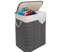 Mantraraj Bamboo Laundry Hamper 105L Dual Compartment Basket Removable Liner Foldable Storage Hamper With Lid Grey