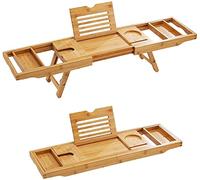 MantraRaj Bathtub Tray Bath Caddy Breakfast Tray Natural Bamboo Wood 2 in 1 Bath Tub Tray Bed Tray Expandable Luxury with Legs, Wine Glass Holder, Tablet Reading Stand, Phone Slot Present for Gift