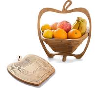 Mantraraj Foldable Apple Shaped Basket Folding Bamboo Fruit Bowl Holder Basket & Collapsible Cutting Board Wooden Fruit Bowl