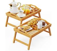MANTRARAJ Pack Of 2 Bamboo Bed Tray Table with Foldable Legs And Handles Breakfast Tray for Sofa Bed Platters Lap Tray (Brown) - Natural Brown - 1 - Lap Desk