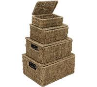 Mantraraj Seagrass Set Of 4 Rectangular Lidded Storage Baskets Hand Woven Stackable Multipurpose Kitchen Bathroom