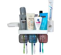 MANTRARAJ Wall-Mounted Toothbrush Holder & Automatic Toothpaste Dispenser Soap Holder 3 Cups in White MANTRARAJ White