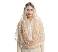 Mantveil Catholic Mantilla Church Veil: Infinity Shape Rose and Daisy Flock Mass Veil Chapel Lace Head Covering for Women, Champagne