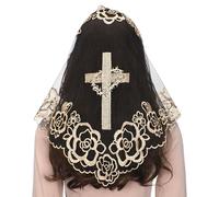 Mantveil Chapel Veils Catholic Mass: Traditional Christian Black Gold Triangle Cross with Rose Embroidered Veils for Church Mantilla Head Coverings for Women, Black Gold, 37.40 * 19.68 Inch