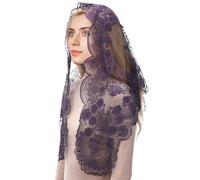 Mantveil Chapel Veils for Church Catholic: Black and Purple Triangle Holy Grail with Cross Embroidered Lace Scarf Mantilla Veil Latin Mass Head Covering, Black Purple, 53.15*23.62 Inch