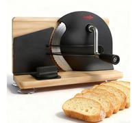 Manual Bread Slicer with Adjustable Thickness - Hand Crank Stainless Steel Slicer for Sourdough, Toast, Pastries, Solid Wood Base, Non-Slip Suction Cups (Black)