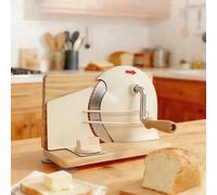 Manual Bread Slicers for Homemade Bread, Adjustable Thickness & Metal Guide Foldable Solid Wood Base with Hand Crank & Suction Cup, Stainless Steel Serrated Disc Cutter Sourdough Scoring Tool (White)