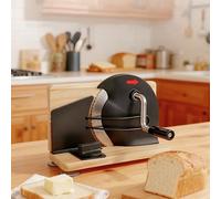 Manual Bread Slicers for Homemade Bread, Adjustable Thickness & Metal Guide Foldable Solid Wood Base with Hand Crank & Suction Cup, Stainless Steel Serrated Disc Cutter Sourdough Scoring Tool (Black)