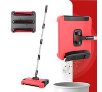 Manual Carpet Sweeper with Wheels - 3 Brushes Rolling Floor Brush for Efficient Pet Hair, Lint, and Debris Pickup, Large Detachable Waste Bin