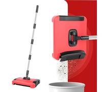 Manual Floor & Carpet Sweeper with 3 Rolling Brushes and Wheels - Detachable Wide Cleaner for Dust, Pet Hair, Lint, and Small Debris