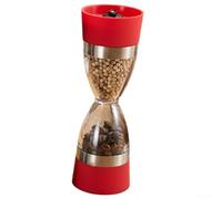 Manual funnel shaped pepper grinder with dual head design, adjustable fine and coarse grind, resistant stainless steel, visual indicator for remaining content, refillable (Red)