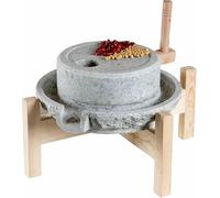 Manual Grain Mill Stone Grinder with Wooden Frame for Flour Beans Spices, Natural Bluestone Rolling Pin for Wet Dry Grinding, Ergonomic Hand Crank Kitchen Tool