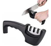 Manual Knife Sharpener, Kitchen Knives Sharpening Tools, 3 Stage Knife Sharpener with Handle & Non-Slip Base for Sharpen Blunt Kitchen, Chef, Butcher and Utility Knives (Black)