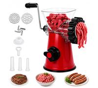 Manual Meat Grinder, 4 in 1 Meat Mincer Machine & Sausage Stuffer with Powerful Suction Base, Fast Cutting & Easy Cleaning, Multifunctional Meat Grinders for Meat, Sausages, Vegetables, Noodles(Red)