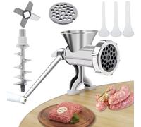 Manual Meat Grinder with Sausage Stuffer, Stainless Steel Hand Crank Mincer with 3 Spoons, Grinding Plate, Cutting Blade