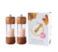 Manual Pepper and Salt Mill Set with Clear Acrylic Body and Wooden Base for Easy Monitoring and Adjustable Coarseness (6 inch two-piece set)