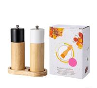 Manual Pepper Mill Oak Wood Salt Grinder Ceramic Core Adjustable Grind Settings Modern Black White Design for Dining Table 20cm(White+Black+Base)