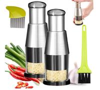 Manual Pressed Chopper with Cleaning Brush and Slicer Cutter Stainless Steel Manual Garlic Masher Handheld Push Type Crusher Kitchen Food Chopper Gadget for Ginger Chili Onion Garlic (2PCS)