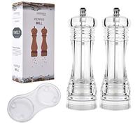Manual Refillable Pepper Mill Grinder Tray Kit Adjustable Coarseness Acrylic Clear Peppercorn Grinders Combo Salt Pepper Shakers with Ceramic Rotor Kitchen Kitchen Tools Gadgets (6inch-2PCS Pack)