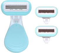 Manual Short Handle Shaver for Armpit and Leg Hair, Women's Razor, Lady Shaver, Painless Razor Bikini Trimmer with 2 Replacement Head, Reusable Washable Manual Razor for Men and Women (Blue)