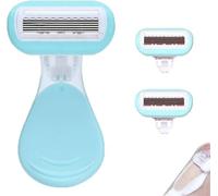 Manual Short Handle Shaver for Armpit and Leg Hair, Women's Reusable Washable Shaver with 2 Replacement Head, Body Bikini Shavers for Smooth Underarm, Leg, Arm and Lip Shaving (Blue)