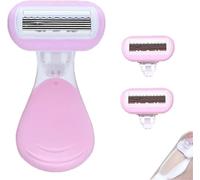 Manual Short Handle Shaver for Armpit and Leg Hair, Women's Reusable Washable Shaver with 2 Replacement Head, Body Bikini Shavers for Smooth Underarm, Leg, Arm and Lip Shaving (Pink)