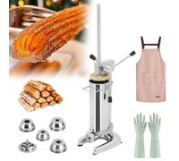 Manual Stainless Steel Churro Maker with 5 Molds, 2L Vertical Donut Filler, Includes 1 Apron & 4 Gloves, Ideal for Home and Business Snack Preparation