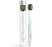 Manual Toothbrush for Adults with Sensitive Gums, Gold & Charcoal Soft/Medium Bristles, Travel Case, Blue