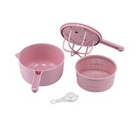 Manual Vegetable Drainer Salad Spinner, Fruit and Veggie Washer with Long Handle, Dual Spout Drain Basket for Kitchen, Includes Stirring Pot Lid and Egg Strainer (Roseate)