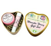 Manuka Honey Heart Shaped Gift Tin Skincare Set Handmade in the UK by Elegance Natural Skin Care and Vegetarian Approved Hand Cream and Lip Balm