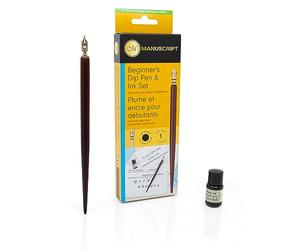 MANUSCRIPT Dip Pen Calligraphy Set for Beginners - Durable & Premium Calligraphy Beginners Set, Contains: Round Hand Nib, Dip Wooden Holder & 7ml Black Ink Bottle to Get Started Straightaway