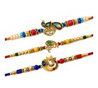 MANUSHYA LIFE Designer Peacock, Krishna & Om Rakhi Combo for Brother | Premium Handmade Rakhi Set of 3 | Traditional Ethnic Rakhi with Beads Work | Rakshabandhan Gift for Bhai