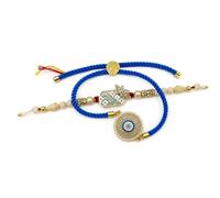 Manushya Rakhi Premium Designer Evil Eye Bracelet Rakhi for Brother | Blue Adjustable Thread with Crystal & Floral Charm | Handmade Raksha Bandhan Rakhi | Traditional Gift