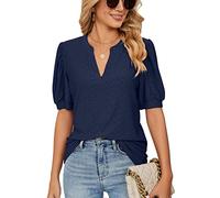 Manxing T Shirts for Women Puff Sleeves Ladies Short Sleeve V Neck Tops Summer Casual Tees Navy