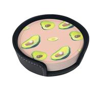 Many Avocado Images Print,Set of 6 Round Coasters, Pu Leather Drinks Coasters with Holder for Home Office Kitchen