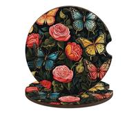 Many Beautiful Butterflies Car Cup Holder Coasters 2-Pack Absorbent Wood & Cork Coasters for Car Cup Holders, Festive Car Accessories for Women & Men