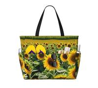 Many Beautiful Sunflowers Print Large Capacity Beach Travel Bag, Waterproof Beach Tote Bag with Zip and Pocket, Tote Bags for Traveling, Shopping, Pool