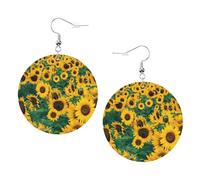 Many Beautiful Sunflowers Print Piercing Round Leather Earrings Set 1 Pair Stylish Leather Earrings Dangle Hoop For Women Jewelry Gifts