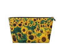 Many Beautiful Sunflowers Womens Makeup Bag Leather Travel Toiletry Organizer Wash Bag Cosmetic Pouch with Zipper Girls Handbag Gold