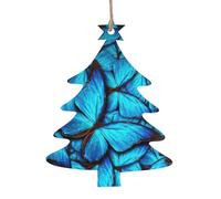 Many Blue Butterfly Print 6pcs Christmas Tree Hanging Decor, Wooden Angel Bell Tree Snowman Shapes For Xmas Setup